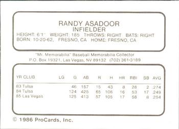 1986 ProCards Las Vegas Stars #1 Randy Asadoor Back