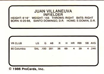 1986 ProCards Lynchburg Mets #NNO Juan Villanueva Back