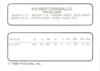 1986 ProCards Lynchburg Mets #NNO Wilmer Caraballo Back