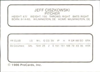1986 ProCards Lynchburg Mets #NNO Jeff Ciszkowski Back