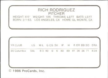 1986 ProCards Lynchburg Mets #NNO Rich Rodriguez Back