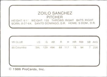 1986 ProCards Lynchburg Mets #NNO Zoilo Sanchez Back
