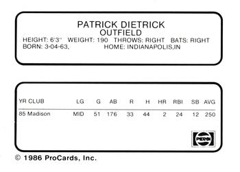 1986 ProCards Madison Muskies #8 Patrick Dietrick Back