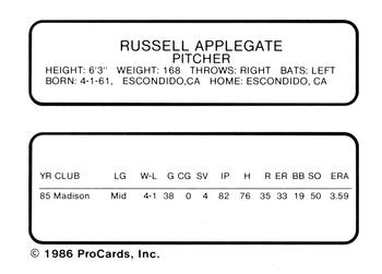 1986 ProCards Modesto A's #NNO Russell Applegate Back