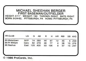 1986 ProCards Nashua Pirates #3 Mike Berger Back