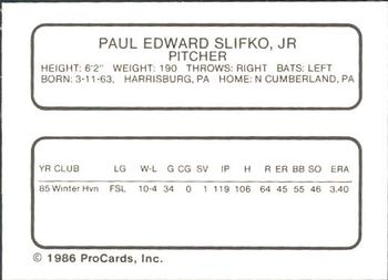 1986 ProCards New Britain Red Sox #NNO Paul Slifko Back