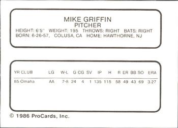 1986 ProCards Omaha Royals #NNO Mike Griffin Back