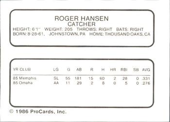 1986 ProCards Omaha Royals #NNO Roger Hansen Back