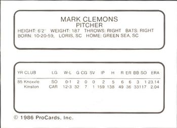 1986 ProCards Orlando Twins #4 Mark Clemons Back
