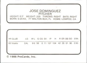 1986 ProCards Orlando Twins #5 Jose Dominguez Back