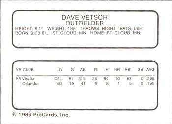 1986 ProCards Orlando Twins #22 Dave Vetsch Back