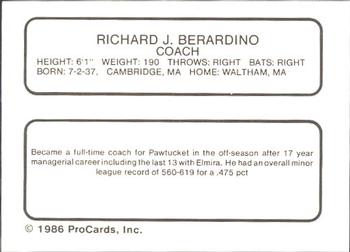 1986 ProCards Pawtucket Red Sox #NNO Dick Berardino Back