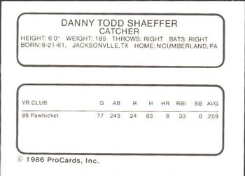1986 ProCards Pawtucket Red Sox #NNO Danny Sheaffer Back