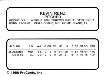 1986 ProCards Peninsula White Sox #22 Kevin Renz Back