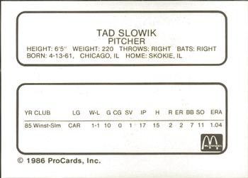 1986 ProCards Peoria Chiefs #NNO Tad Slowik Back