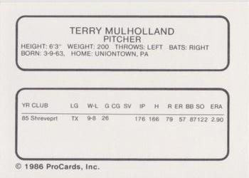 1986 ProCards Phoenix Firebirds #NNO Terry Mulholland Back