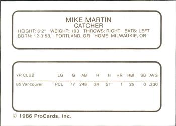 1986 ProCards Pittsfield Cubs #15 Mike Martin Back