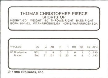 1986 ProCards Prince William Pirates #19 Chris Pierce Back
