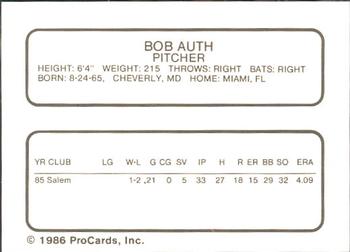 1986 ProCards Quad City Angels #3 Bob Auth Back
