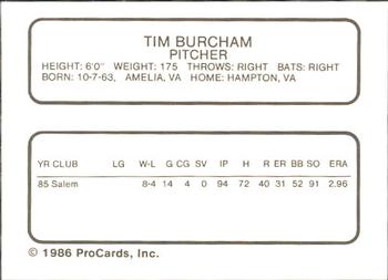 1986 ProCards Quad City Angels #6 Tim Burcham Back