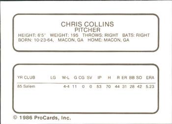 1986 ProCards Quad City Angels #7 Chris Collins Back