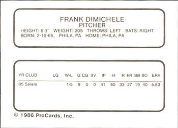 1986 ProCards Quad City Angels #8 Frank Dimichele Back