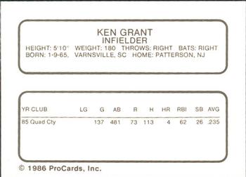 1986 ProCards Quad City Angels #12 Ken Grant Back
