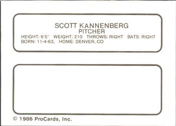 1986 ProCards Quad City Angels #17 Scott Kannenberg Back