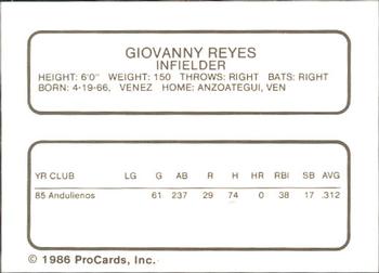 1986 ProCards Quad City Angels #26 Giovanny Reyes Back