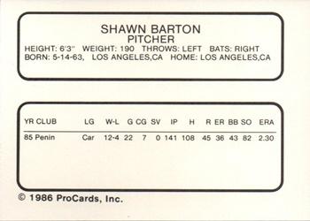 1986 ProCards Reading Phillies #2 Shawn Barton Back