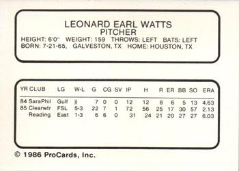 1986 ProCards Reading Phillies #26 Lenny Watts Back