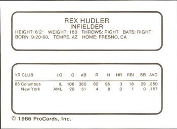 1986 ProCards Rochester Red Wings #NNO Rex Hudler Back