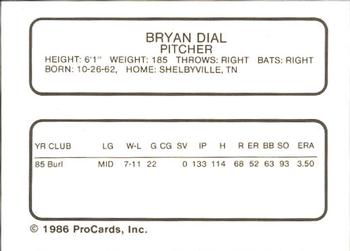 1986 ProCards Salem Red Birds #5 Bryan Dial Back