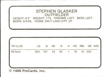 1986 ProCards Salem Red Birds #10 Stephen Glasker Back