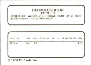 1986 ProCards Salem Red Birds #19 Tim McLoughlin Back