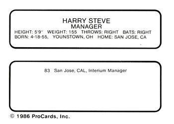 1986 ProCards San Jose Bees #19 Harry Steve Back