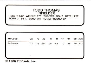 1986 ProCards Shreveport Captains #25 Todd Thomas Back