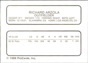 1986 ProCards St. Petersburg Cardinals #3 Ricardo Arzola Back