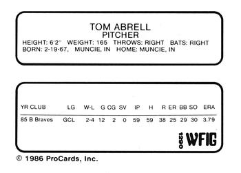 1986 ProCards Sumter Braves #1 Tom Abrell Back