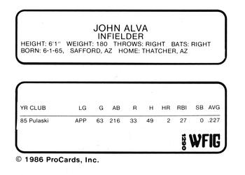 1986 ProCards Sumter Braves #2 John Alva Back