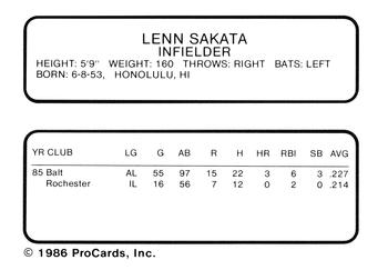 1986 ProCards Tacoma Tigers #20 Lenn Sakata Back