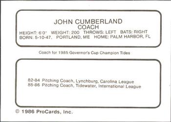 1986 ProCards Tidewater Tides (Mets Logo) #NNO John Cumberland Back