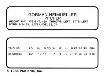 1986 ProCards Toledo Mud Hens #12 Gorman Heimueller Back