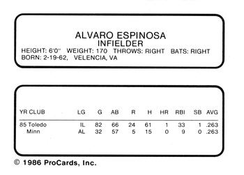 1986 ProCards Toledo Mud Hens #9 Alvaro Espinoza Back