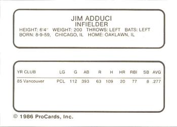 1986 ProCards Vancouver Canadians #1 Jim Adduci Back