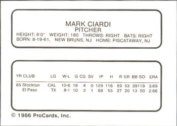 1986 ProCards Vancouver Canadians #6 Mark Ciardi Back