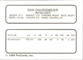 1986 ProCards Vancouver Canadians #9 Dan Davidsmeier Back