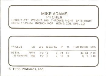 1986 ProCards Visalia Oaks #1 Mike Adams Back