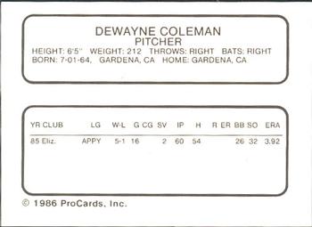 1986 ProCards Visalia Oaks #7 DeWayne Coleman Back