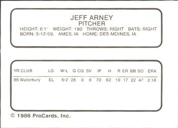1986 ProCards Waterbury Indians #1 Jeff Arney Back